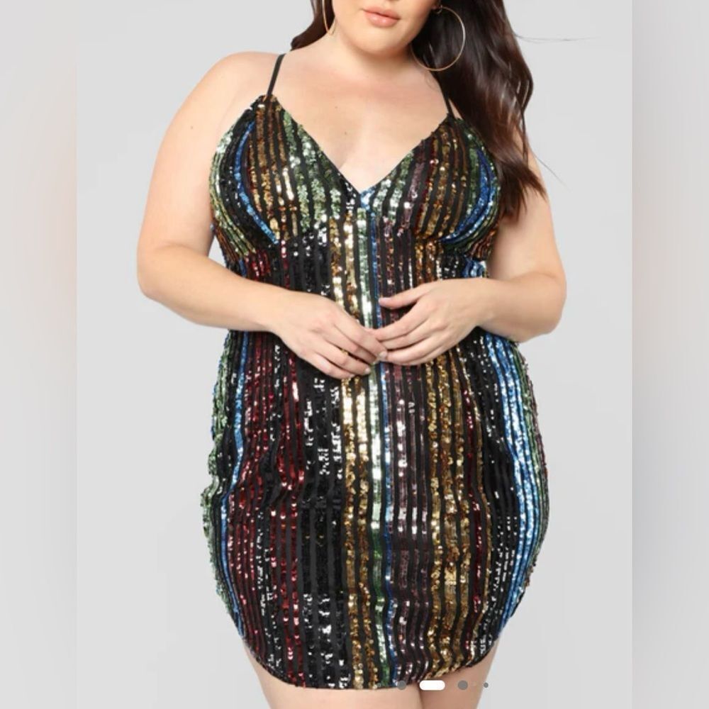 Fashion Nova Black and Green Sequin striped Dress adjustable straps NWT size L - Picture 5 of 16
